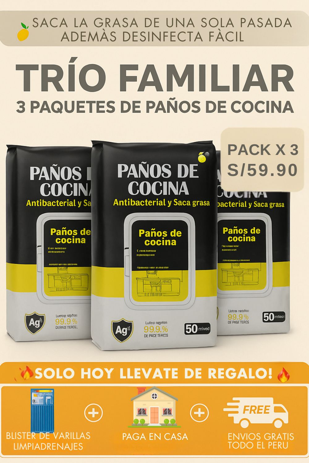 Pack Familiar Paños de Cocina Saca Grasa y Antibacterial (150 unidades)