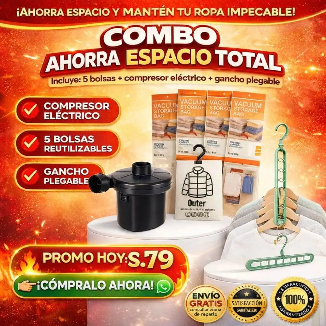 Combo Guarda Ordena y Ahorra Espacio - Pack 5 Bolsas al vacío para ropa incluye Compresor Electrico