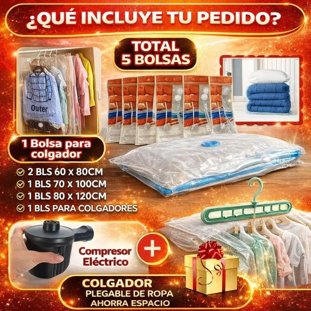 Combo Guarda Ordena y Ahorra Espacio - Pack 5 Bolsas al vacío para ropa incluye Compresor Electrico