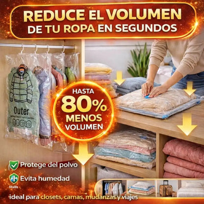 Combo Guarda Ordena y Ahorra Espacio - Pack 5 Bolsas al vacío para ropa incluye Compresor Electrico